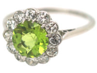 Edwardian 18ct White Gold & Platinum, Peridot & Diamond Cluster Ring