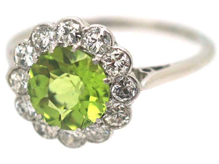 Edwardian 18ct White Gold & Platinum, Peridot & Diamond Cluster Ring