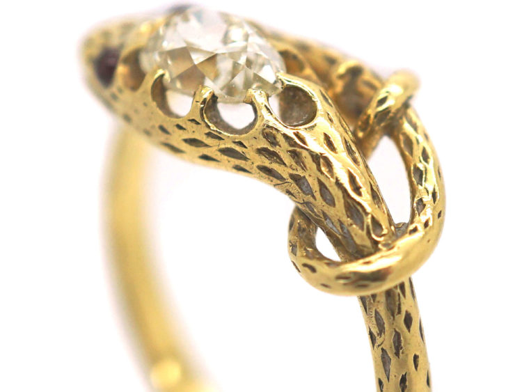 Georgian 18ct Gold Snake Ring set with a Rose Diamond & Cabochon Ruby Eyes