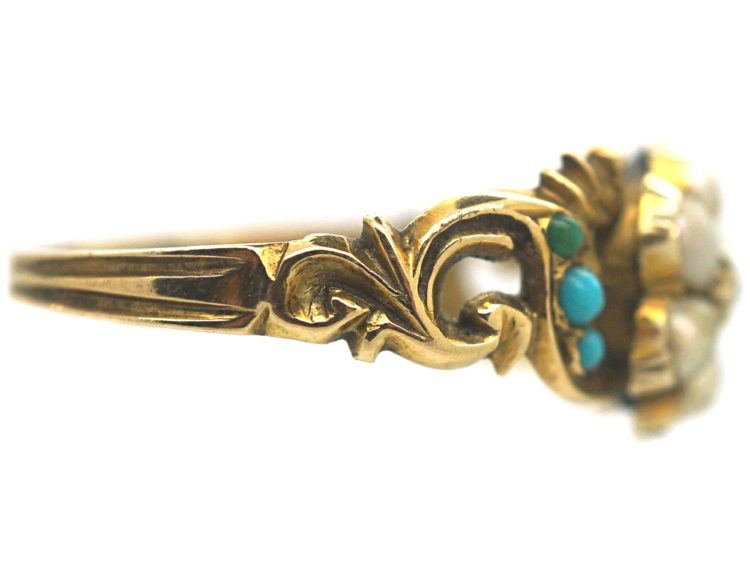 Regency 15ct Gold, Turquoise & Natural Split Pearl cluster Ring