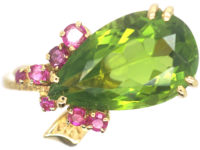 1970s 18ct Gold, Ruby & Large Pear Shaped Peridot Ring