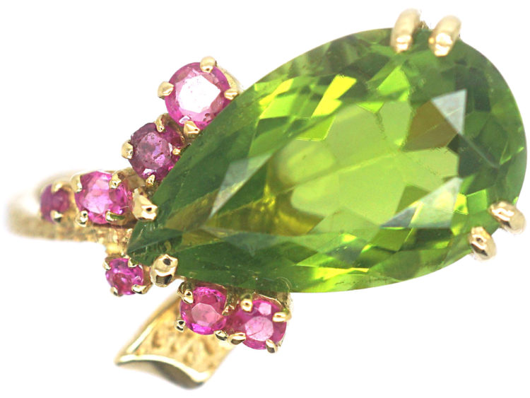 1970s 18ct Gold, Ruby & Large Pear Shaped Peridot Ring
