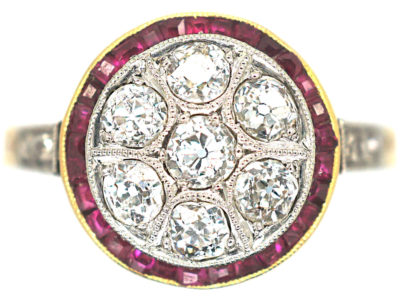 Art Deco 18ct Gold & Platinum, Diamond & Ruby Target Ring