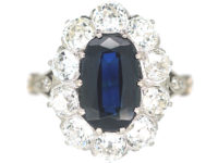 Art Deco Platinum, Sapphire & Diamond Oval Cluster Ring with Split Shoulders