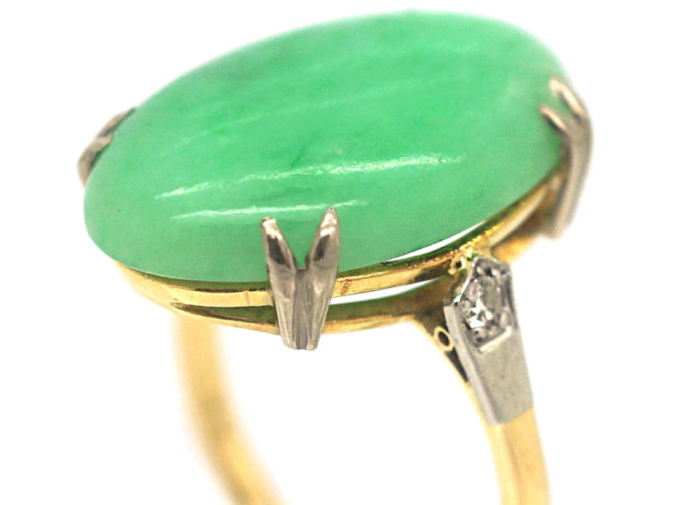 Art Deco 18ct Gold & Platinum Jade Ring with Diamond Set Shoulders