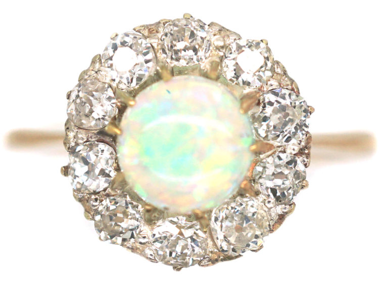 Edwardian 18ct Gold, Opal & Diamond Cluster Ring