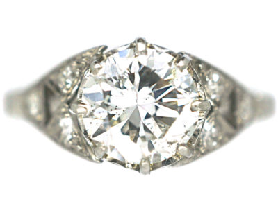 Art Deco Platinum & Diamond Solitaire Ring with Diamond Set Shoulders