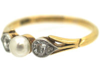 Edwardian 18ct Gold & Platinum, Natural Pearl and Diamond Three Stone Ring