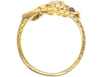 Georgian 18ct Gold Snake Ring set with a Rose Diamond & Cabochon Ruby Eyes
