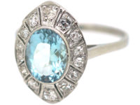 Art Deco Platinum Navette Shaped Aquamarine & Diamond Ring