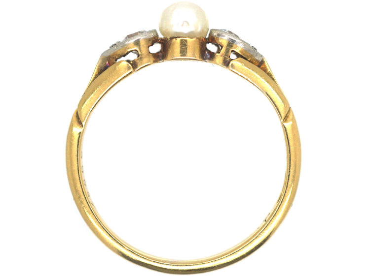 Edwardian 18ct Gold & Platinum, Natural Pearl and Diamond Three Stone Ring