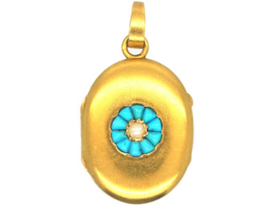 French 18ct Gold Oval Shaped Locket set with Turquoise & a Natural Split Pearl