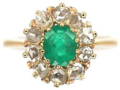 Edwardian 18ct Gold, Rose Cut Emerald & Rose Diamond Cluster Ring