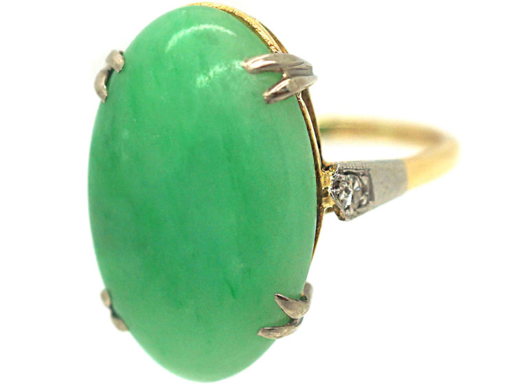 Art Deco 18ct Gold & Platinum Jade Ring with Diamond Set Shoulders
