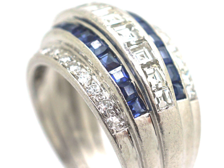 Art Deco Iridium & Platinum, Sapphire & Diamond Five Row Ring