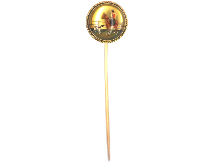 Victorian 18ct Gold & Reverse Intaglio Crystal Tie Pin of a Hunting Lady Mounted on a Horse with Hound