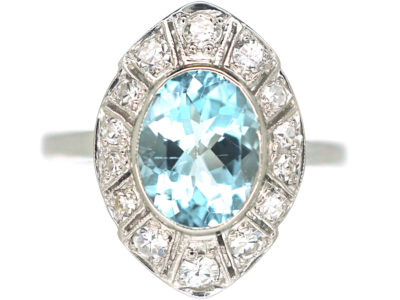 Art Deco Platinum Navette Shaped Aquamarine & Diamond Ring