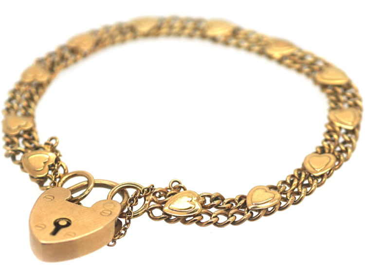 Edwardian 9ct Gold Bracelet with Hearts Motif & Padlock