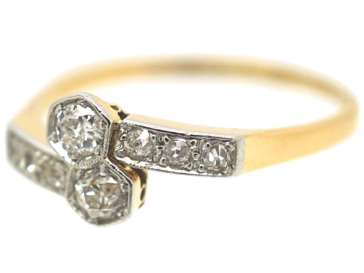 Art Deco 18ct Gold & Platinum Two Stone Diamond Crossover Ring with Diamond Set Shoulders
