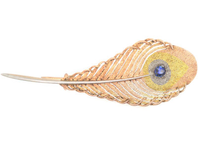Edwardian Three Colour Gold Peacock Feather Brooch set with a Sapphire