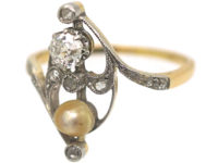 Art Nouveau 18ct Gold & Platinum, Diamond & Natural Pearl Ring