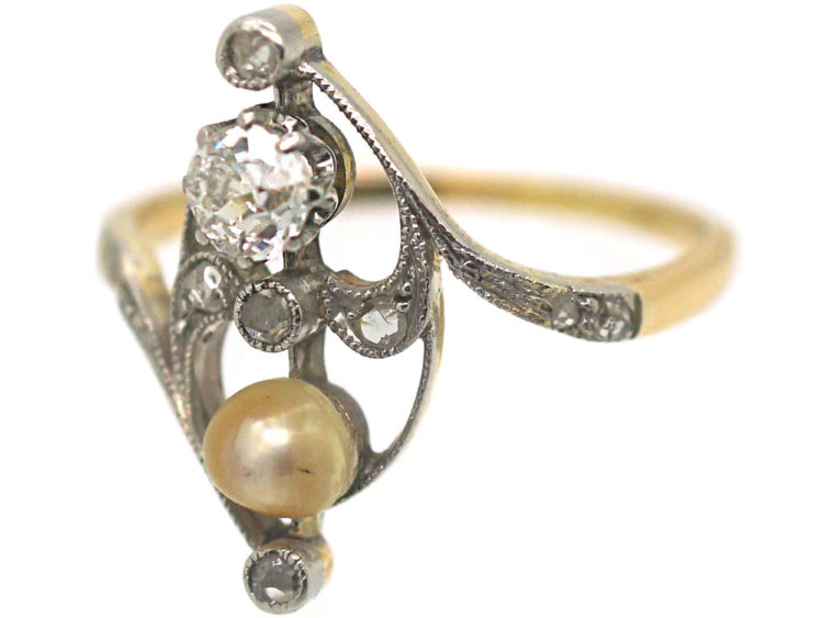 Art Nouveau 18ct Gold & Platinum, Diamond & Natural Pearl Ring