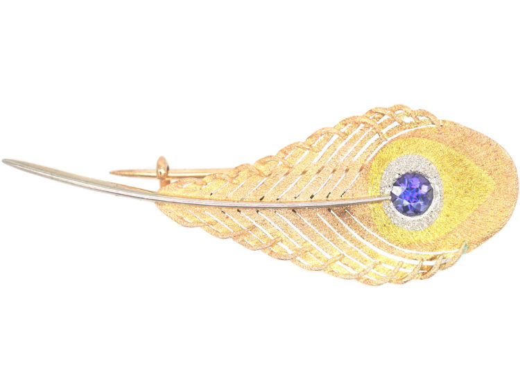 Edwardian 15ct Three Colour Gold & Platinum Peacock Feather Brooch