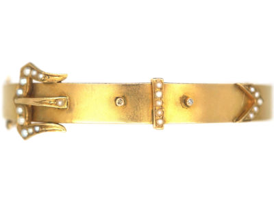Edwardian 14ct Gold Buckle Bangle set with Natural Split Pearls & Rose Diamonds