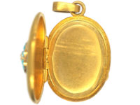 French 18ct Gold Oval Shaped Locket set with Turquoise & a Natural Split Pearl
