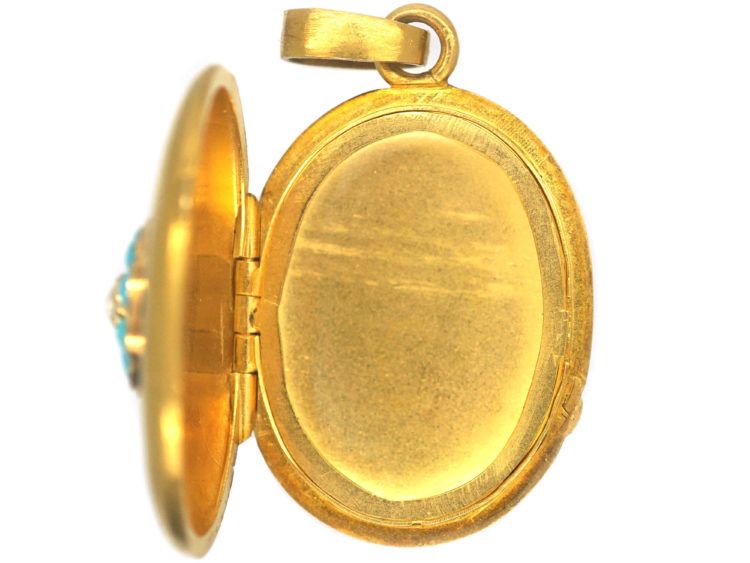 French 18ct Gold Oval Shaped Locket set with Turquoise & a Natural Split Pearl