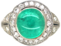 Art Deco Platinum, Cabochon Emerald & Diamond Ring