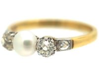 Edwardian 18ct Gold Old Mine Cut Diamond & Natural Bouton Pearl Ring
