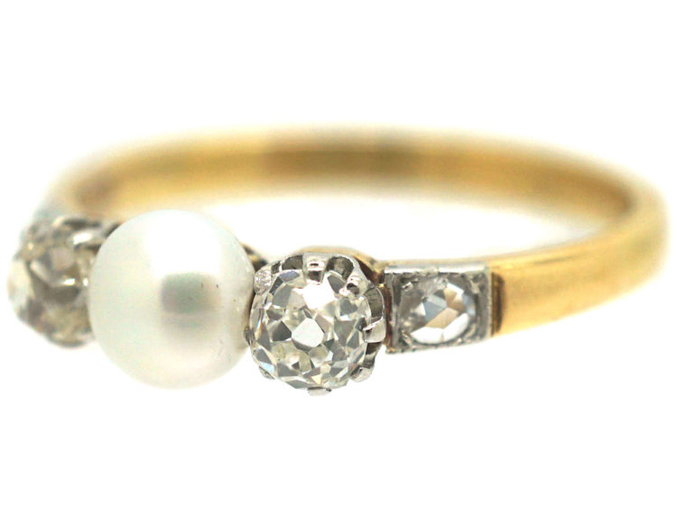 Edwardian 18ct Gold Old Mine Cut Diamond & Natural Bouton Pearl Ring
