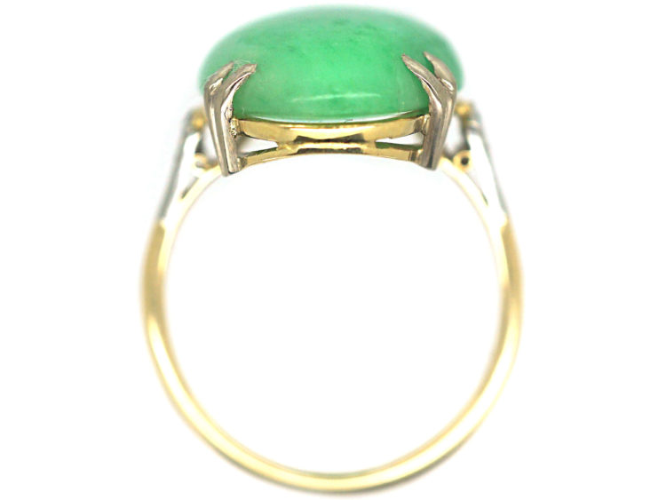 Art Deco 18ct Gold & Platinum Jade Ring with Diamond Set Shoulders