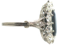 Art Deco Platinum, Sapphire & Diamond Oval Cluster Ring with Split Shoulders