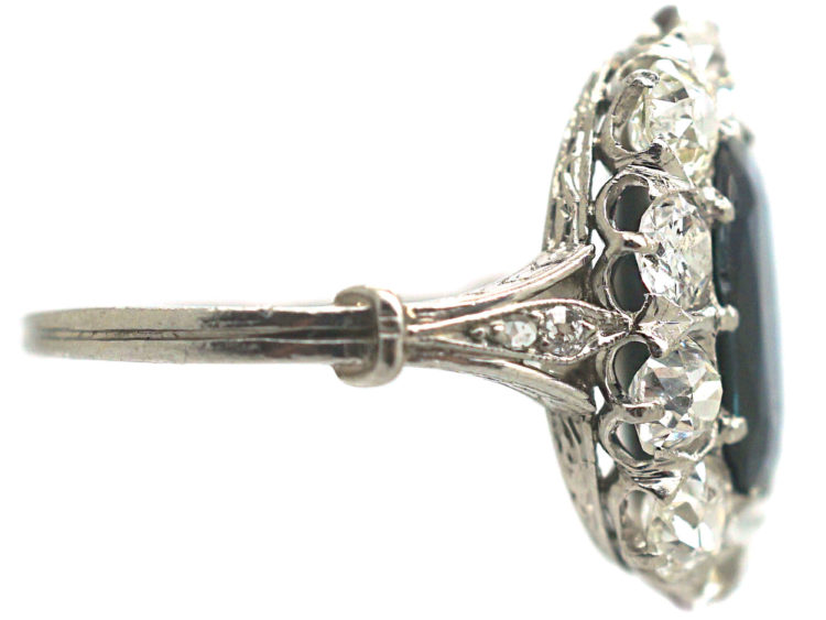 Art Deco Platinum, Sapphire & Diamond Oval Cluster Ring with Split Shoulders