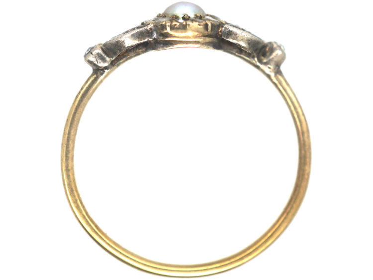 Edwardian 14ct Gold Rose Diamond & Natural Bouton Pearl Cluster Ring with Rose Diamond set Leaf Shoulders