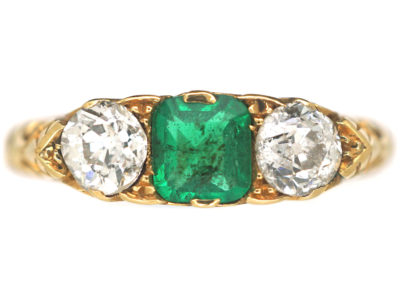 Edwardian 18ct Gold, Emerald & Diamond Three Stone Carved Half Hoop Ring
