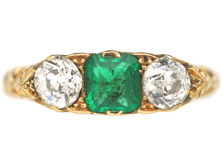 Edwardian 18ct Gold, Emerald & Diamond Three Stone Carved Half Hoop Ring