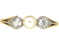 Edwardian 18ct Gold & Platinum, Natural Pearl and Diamond Three Stone Ring