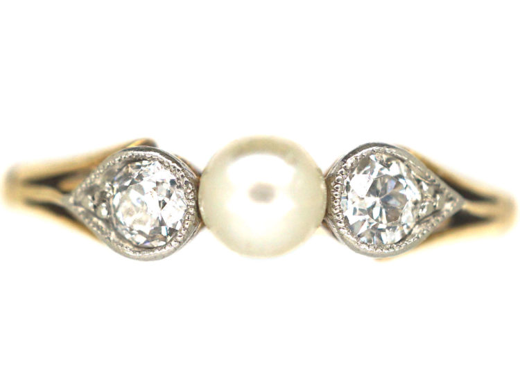 Edwardian 18ct Gold & Platinum, Natural Pearl and Diamond Three Stone Ring