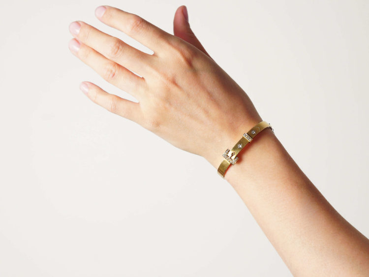 Edwardian 14ct Gold Buckle Bangle set with Natural Split Pearls & Rose Diamonds