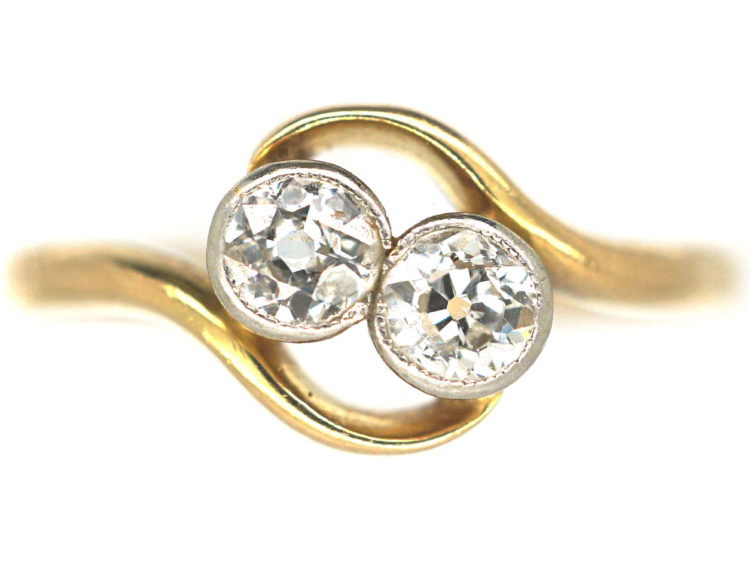 Edwardian 18ct Gold & Platinum, Two Stone Diamond Crossover Ring