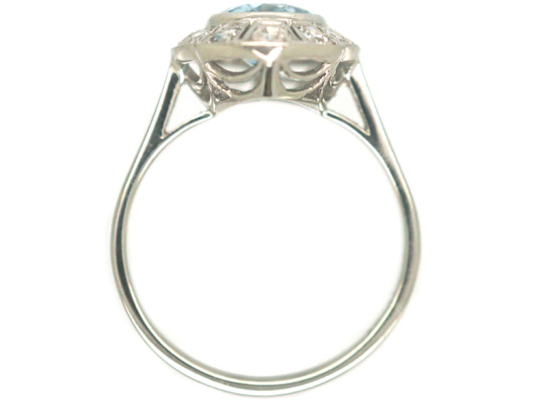 Art Deco Platinum Navette Shaped Aquamarine & Diamond Ring