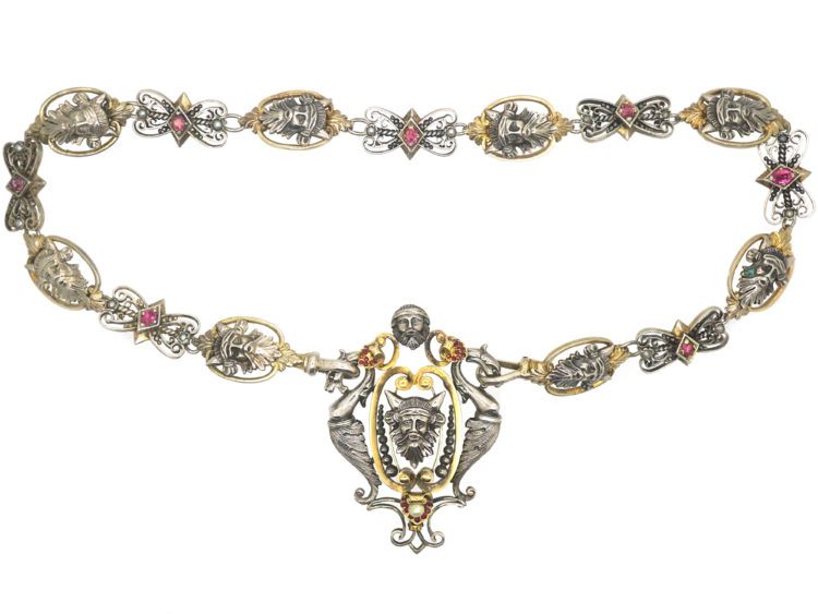 Silver & Silver Gilt, Ruby & Natural Split Pearl Renaissance Revival Necklace