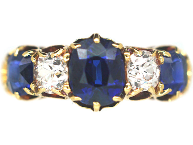 Victorian 18ct Gold Sapphire & Diamond Five Stone Ring