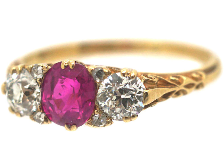 Victorian 18ct Gold, Ruby & Diamond Three Stone Carved Half Hoop Ring
