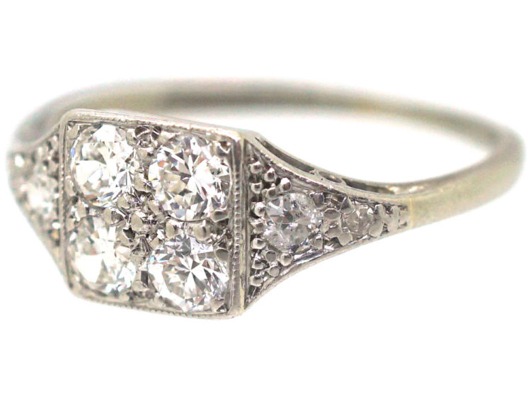 Art Deco 18ct White Gold & Platinum Diamond Set Square Ring with Diamond Set Triangular Shoulders