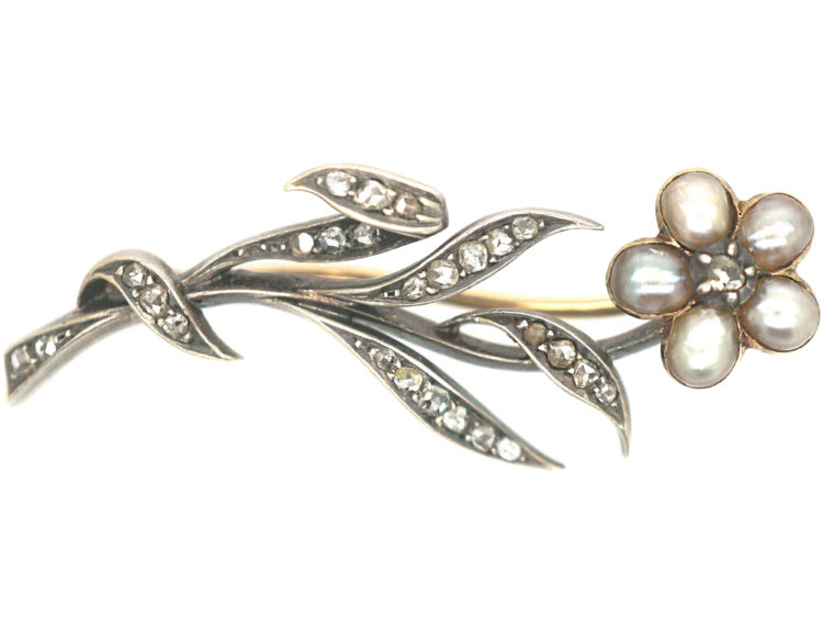 Edwardian Silver , Gold Diamond & Natural Split Pearls Flower Brooch