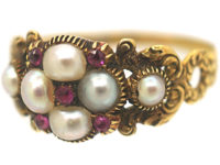 Georgian 15ct Gold, Natural Split Pearl & Ruby Cluster Ring